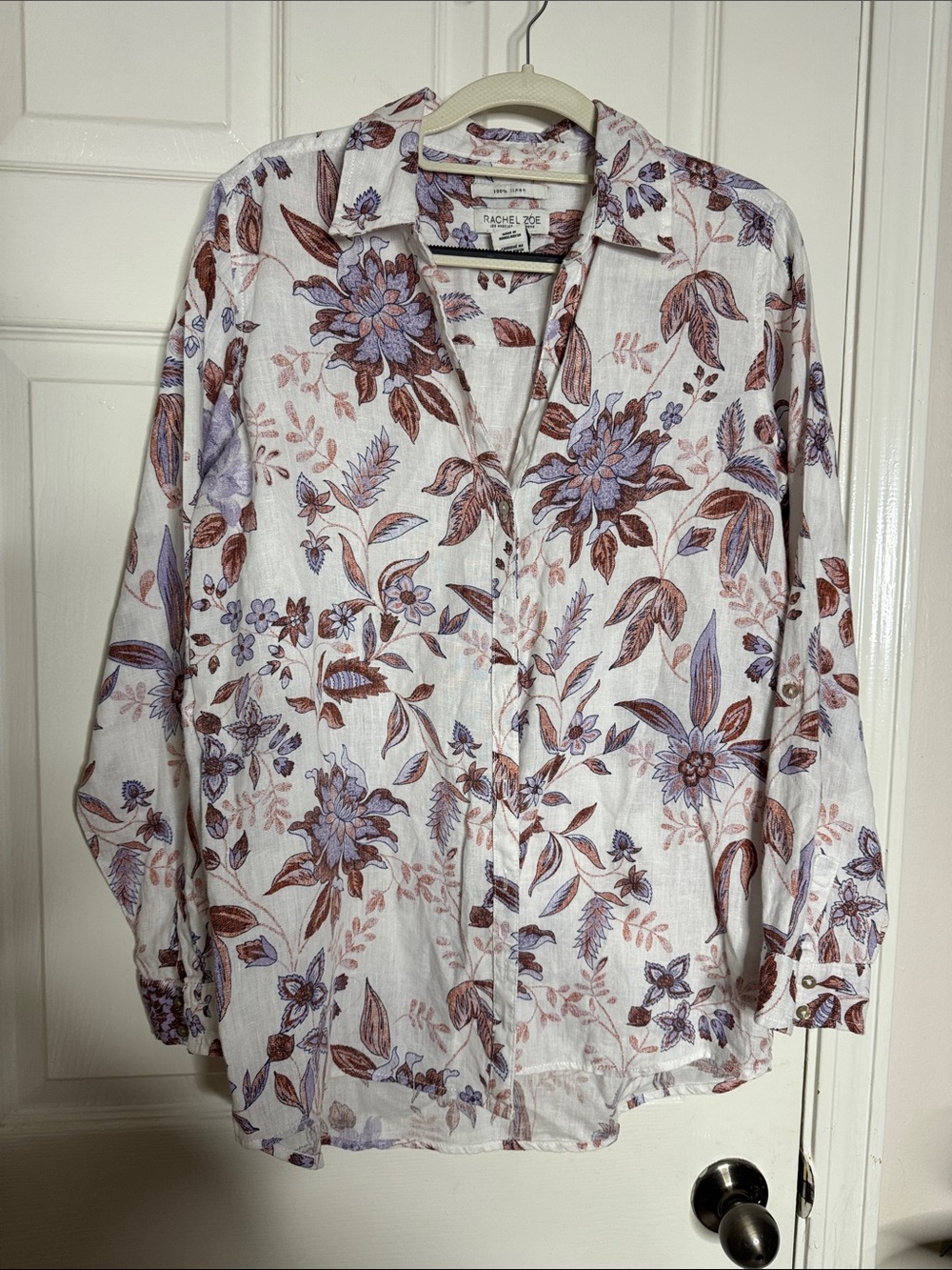 Rachel Zoe White Button-Down with Lavender and Brown Floral Motif